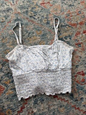 Hollister White and Light Blue Floral Smocked Crop Top
